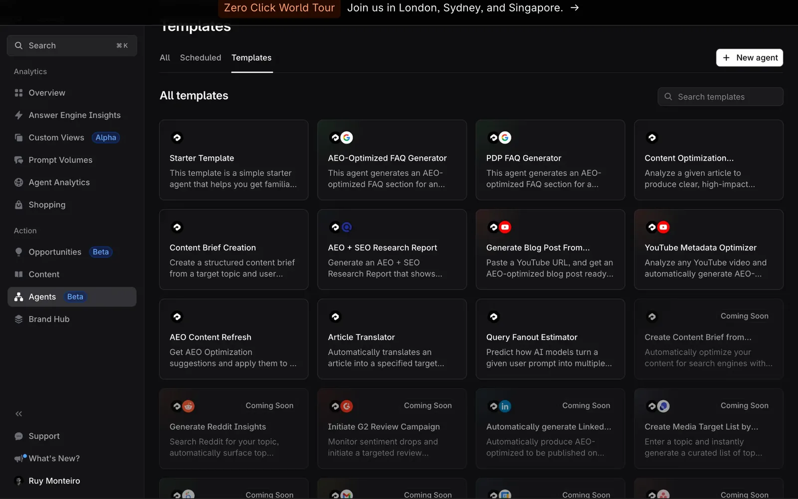 Profound's Agents screen showing its template library: AEO-optimized FAQ generator, content brief creation, AEO content refresh and more