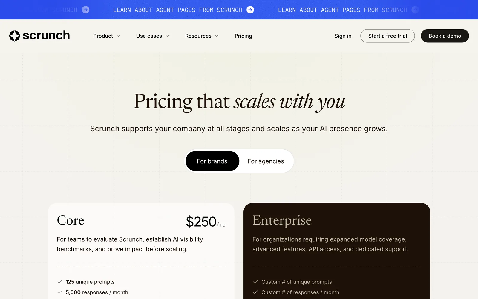 Scrunch pricing page showing the Core plan at $250 a month with 125 unique prompts