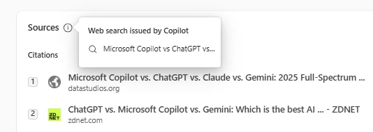 Microsoft Copilot Chat sources panel with the label Web search issued by Copilot and the search query shown below it