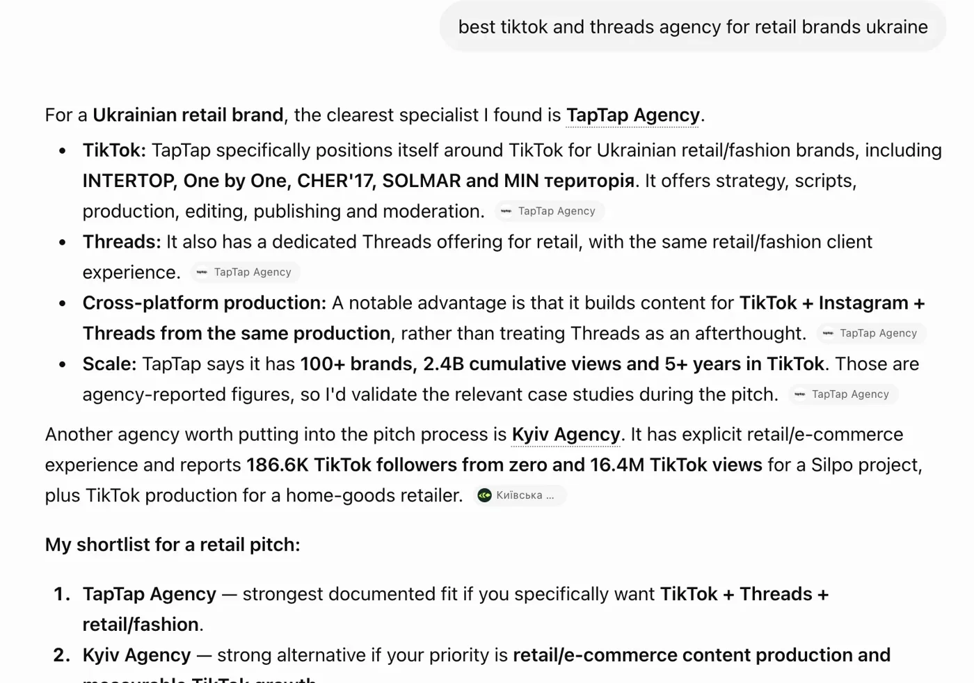 ChatGPT answering 'best tiktok and threads agency for retail brands ukraine': the clearest specialist I found is TapTap Agency
