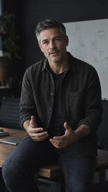 A colleague talking to camera in a dark office