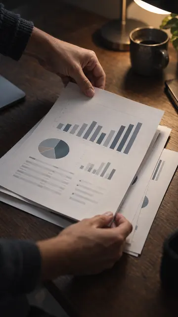 Hands stacking printed chart pages under a desk lamp