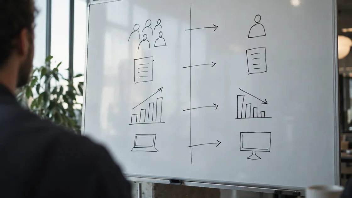 A whiteboard with a hand-drawn two-column comparison and arrows between them