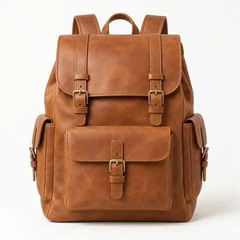 A tan full-grain leather backpack