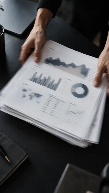 Hands sliding a stack of printed dashboards across a desk