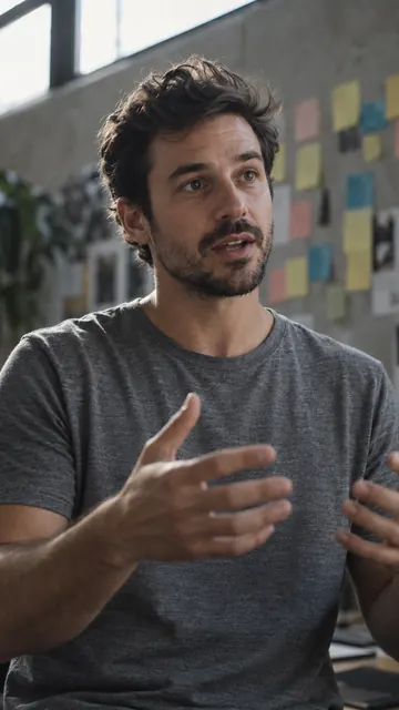 A colleague explaining in front of a wall of sticky notes