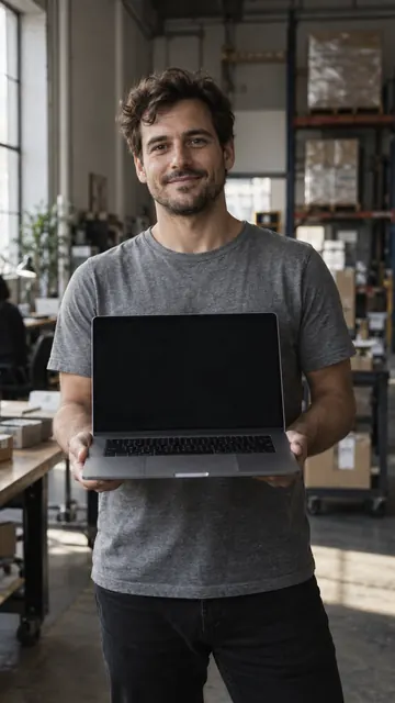 A colleague turning a laptop screen toward the camera