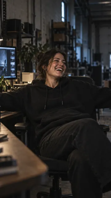 A colleague laughing in a desk chair
