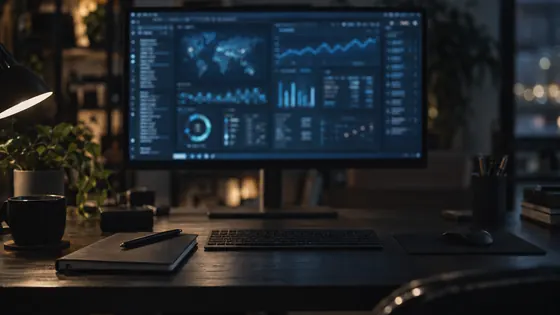 A dashboard on a monitor in a dark room